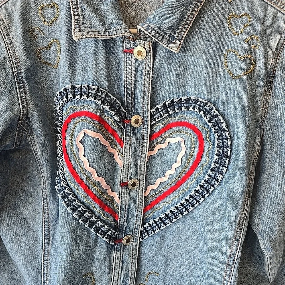 Crystal Kobe Denim Jacket With Fabric & Beaded Heart Designs Button-Up Size S‎